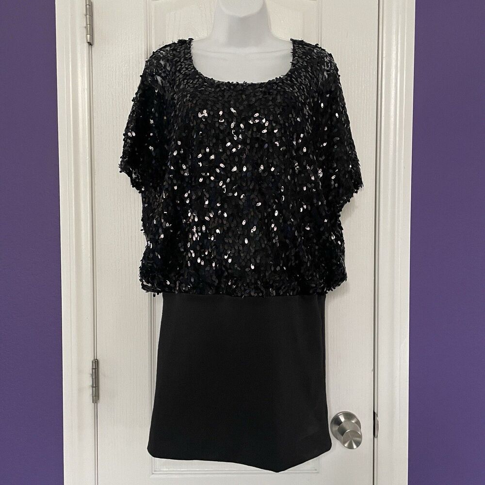 VENUS Black Sequin Blouson Holiday Pullover Mini Dress Women's Size Small